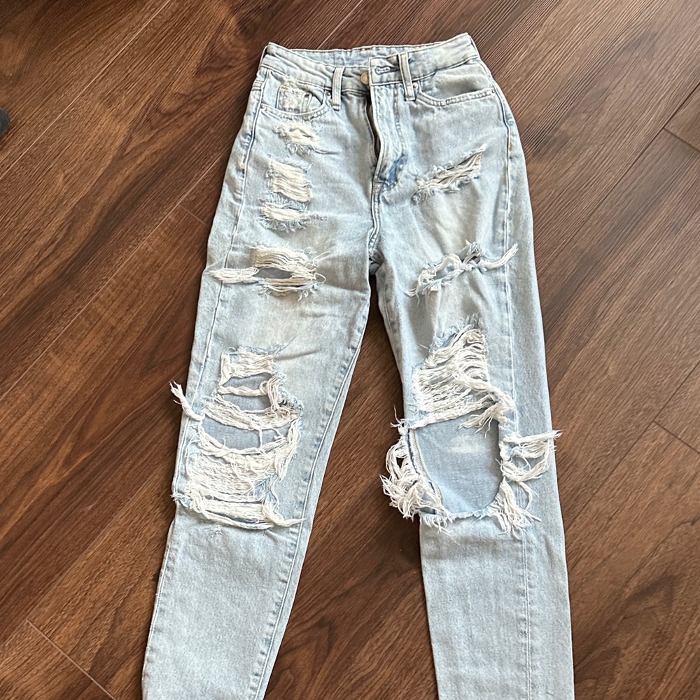 H&M Light Blue Distressed Straight Leg Jeans
